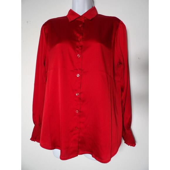 Chicos 0 Sz 4 Satin Blouse Red Solid Smocked Cuff Blouse Wild Poppy Button Up - Picture 2 of 14